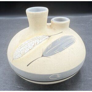 Signed Grey Feather #8 Desert Pueblo Pottery Vase Cream Grey White